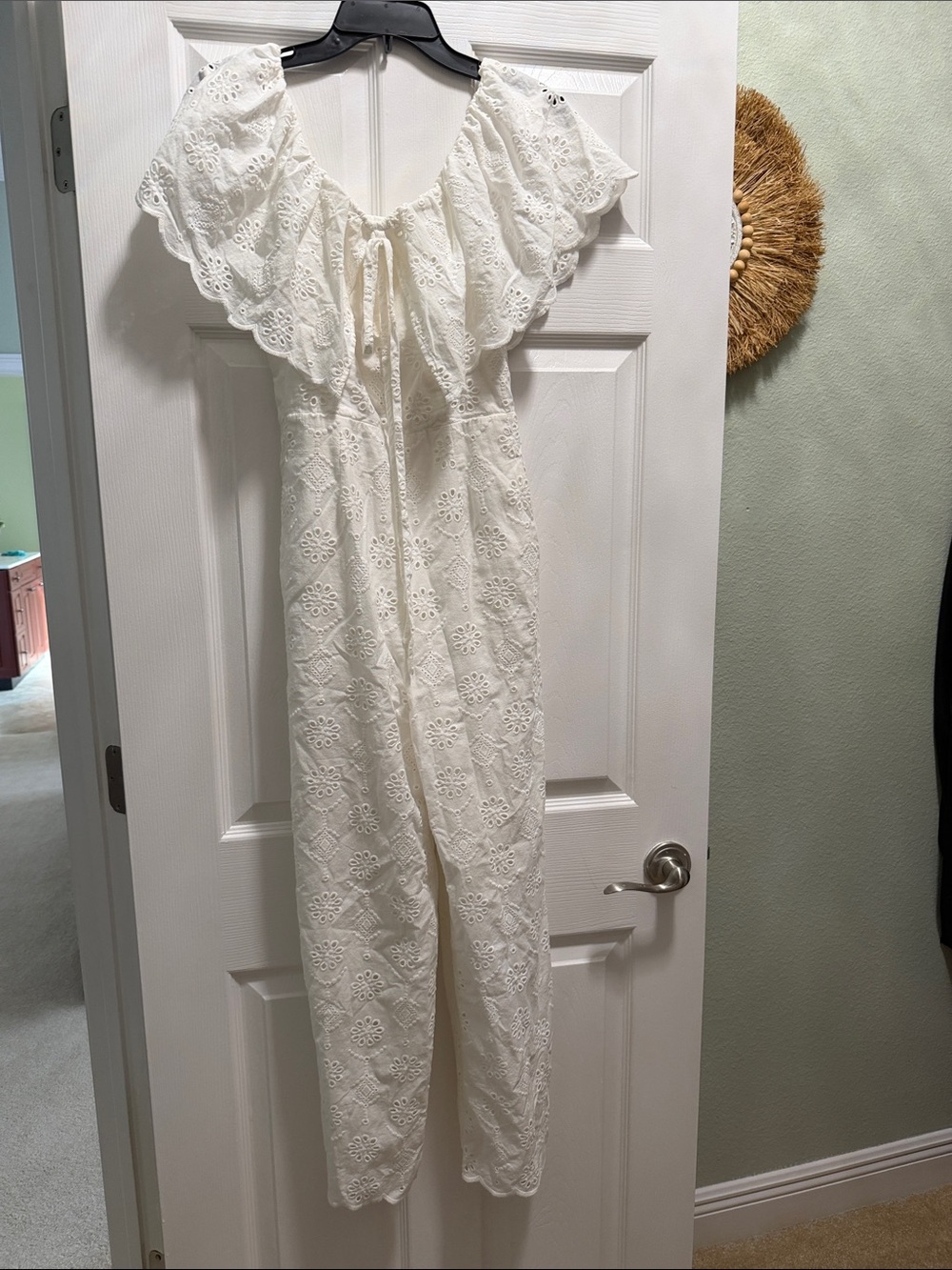 Maeve White Eyelet Ruffled Off-Shoulder Jumpsuit